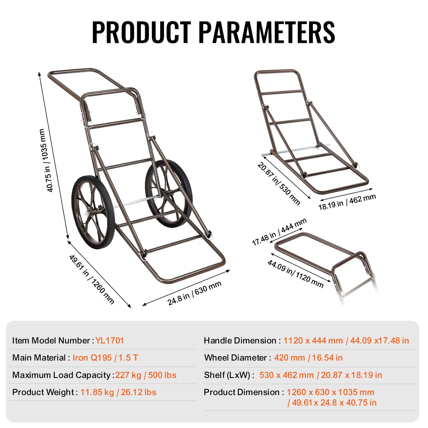Deer Cart 500 LBS Capacity Folding Game Cart Deer Cart Game Hauler with Big Rubber Wheel & Ergonomic Handle for Hunting