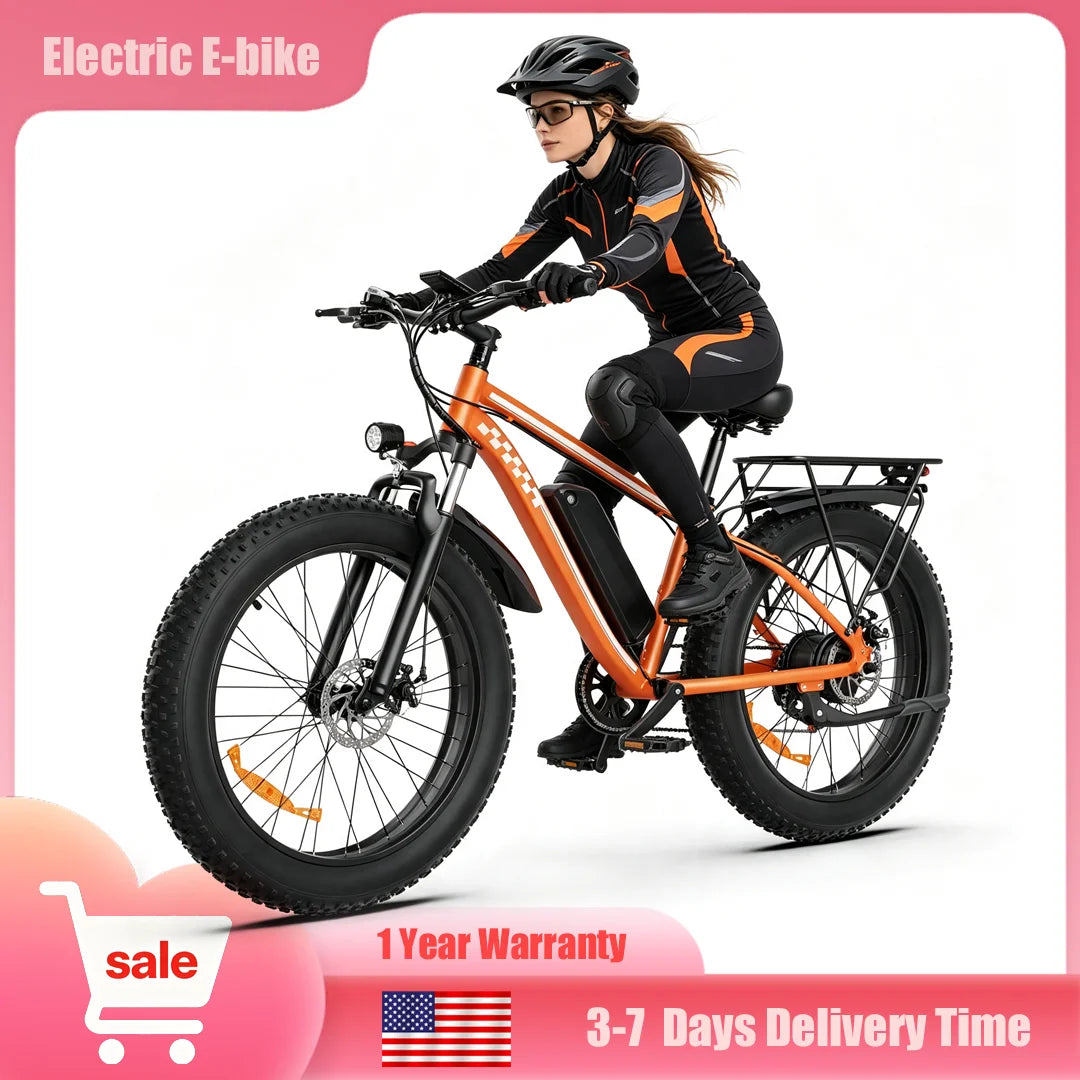 Orange Electric Bike 48V 15AH Battery 1500W Peak Motor 32MPH 26" Fat Tire Adults Mountain Off-Road Dirt Ebike