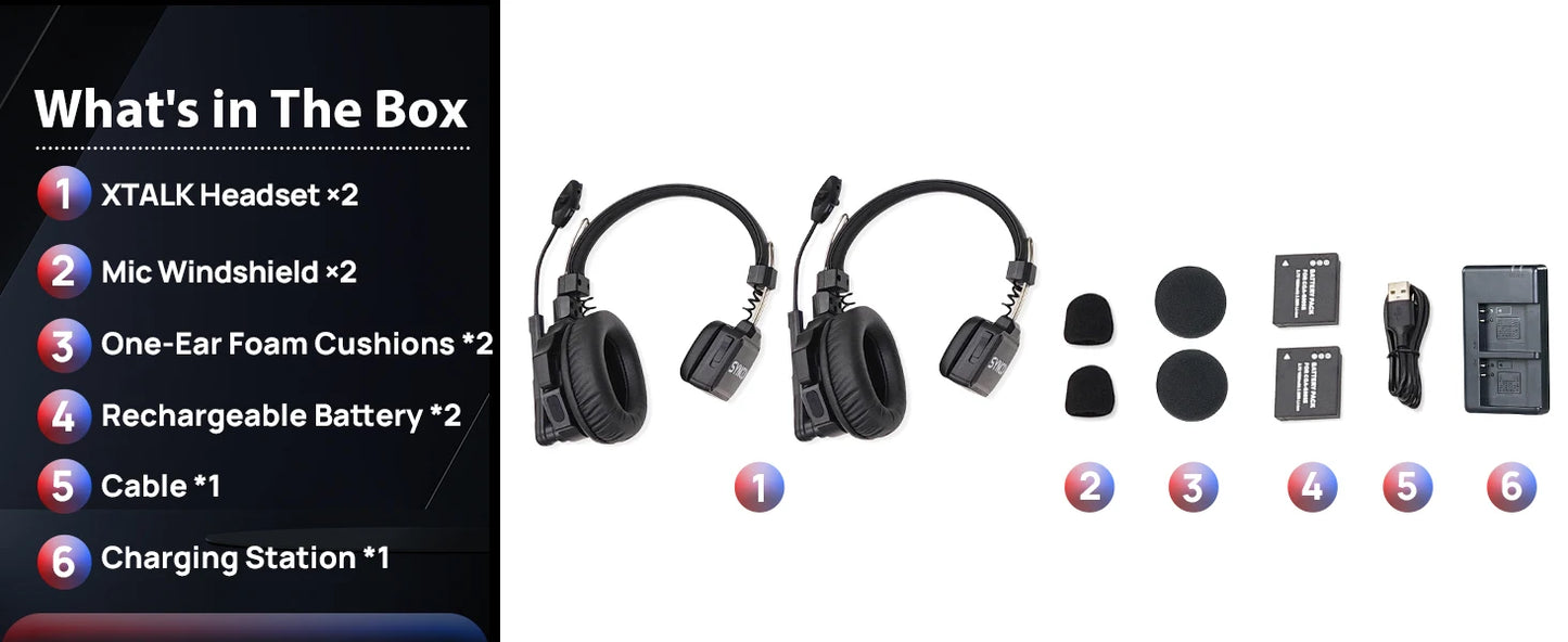 XTALK X2 X5 2.4G Wireless Intercom Headset System 2-Person 350M 1148FT 24H Working Time Noise Reduction for Video Shooting