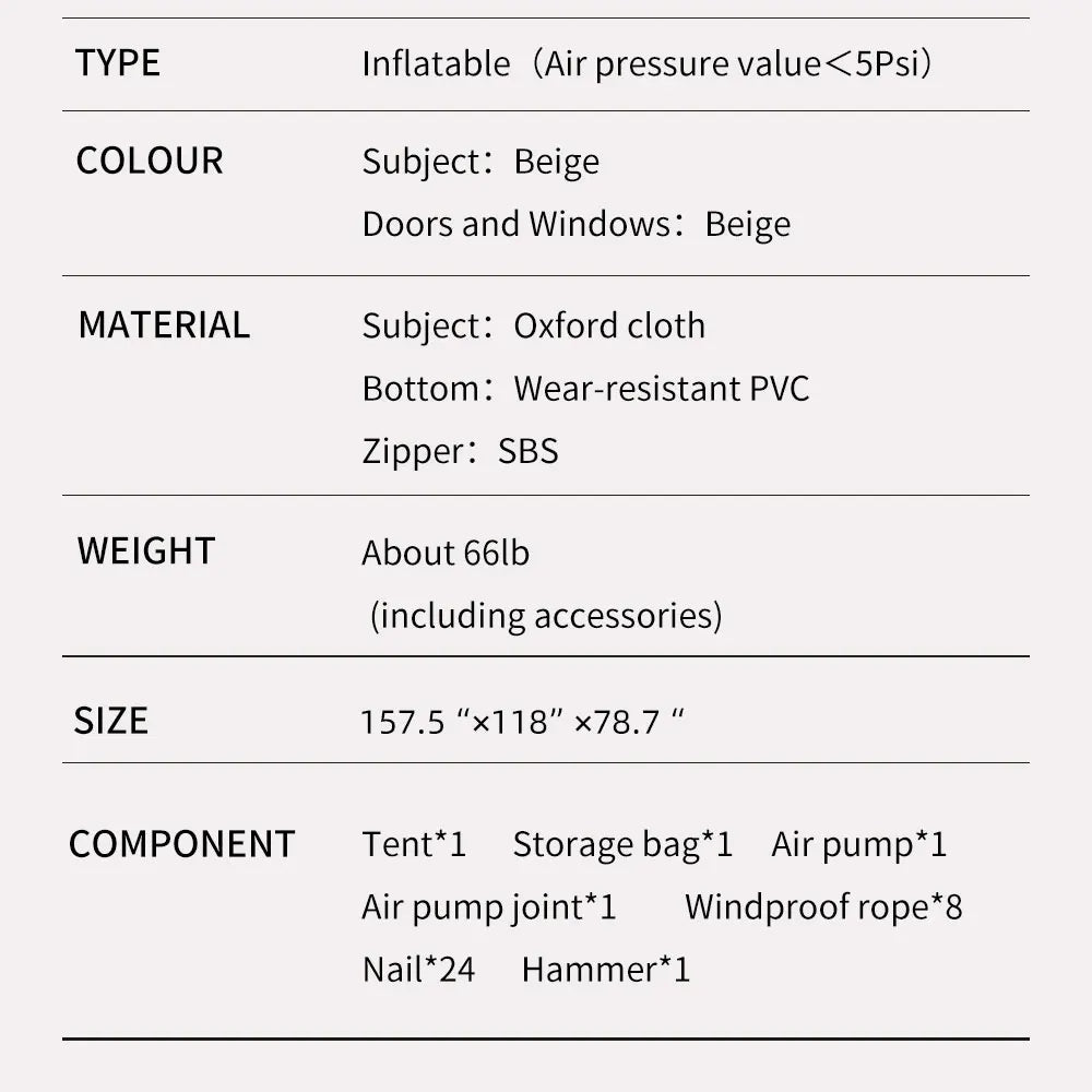 Camping Inflatable Tent for Family, PVC Skylight Air Tube, Camp Base Tents, 12 Square Meters, Large Space, 6-8 Person