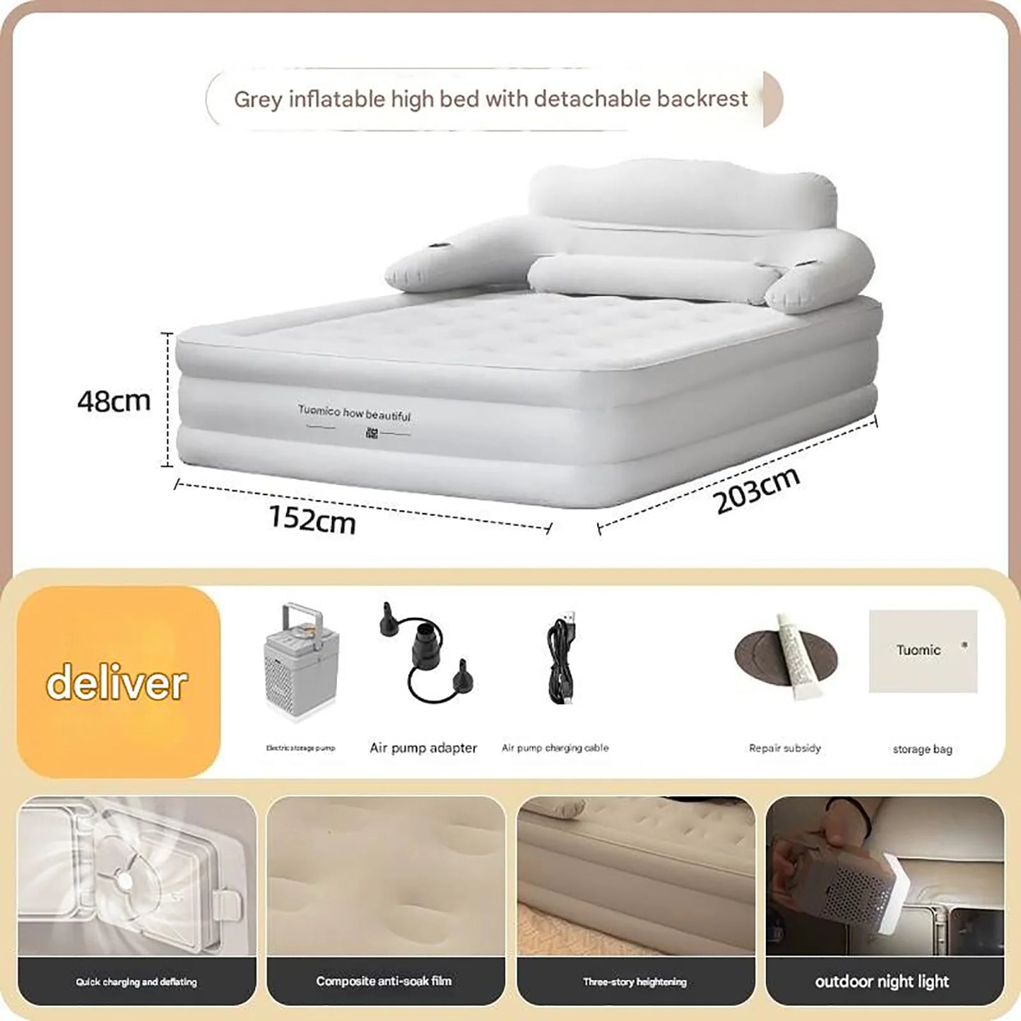 2 Person Built-In Pump Camping Mattress PVC Automatic Inflatable Increased Height Thickened Indoor Outdoor Lazy Sleeping Mat