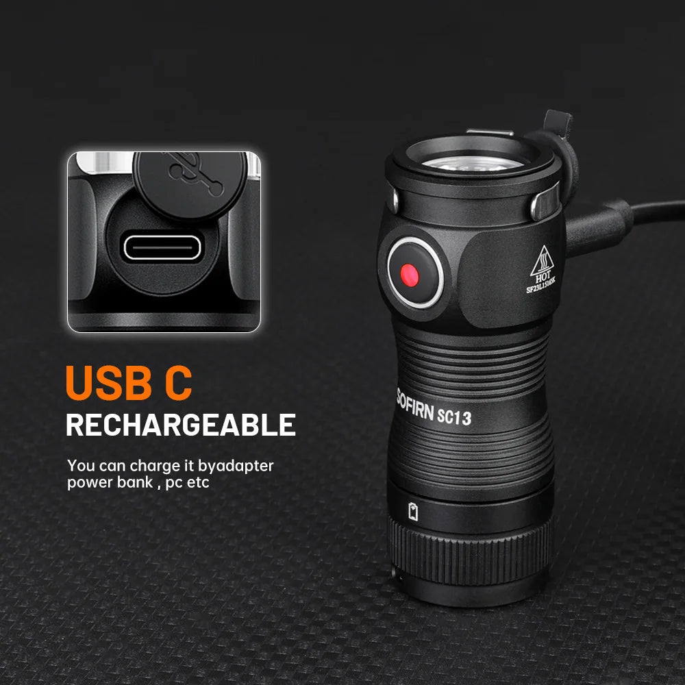 Mini SC13 SST40 LED 1300lm Tactical 18350 Rechargeable Flashlight 6000K Keychain Light with Magnetic