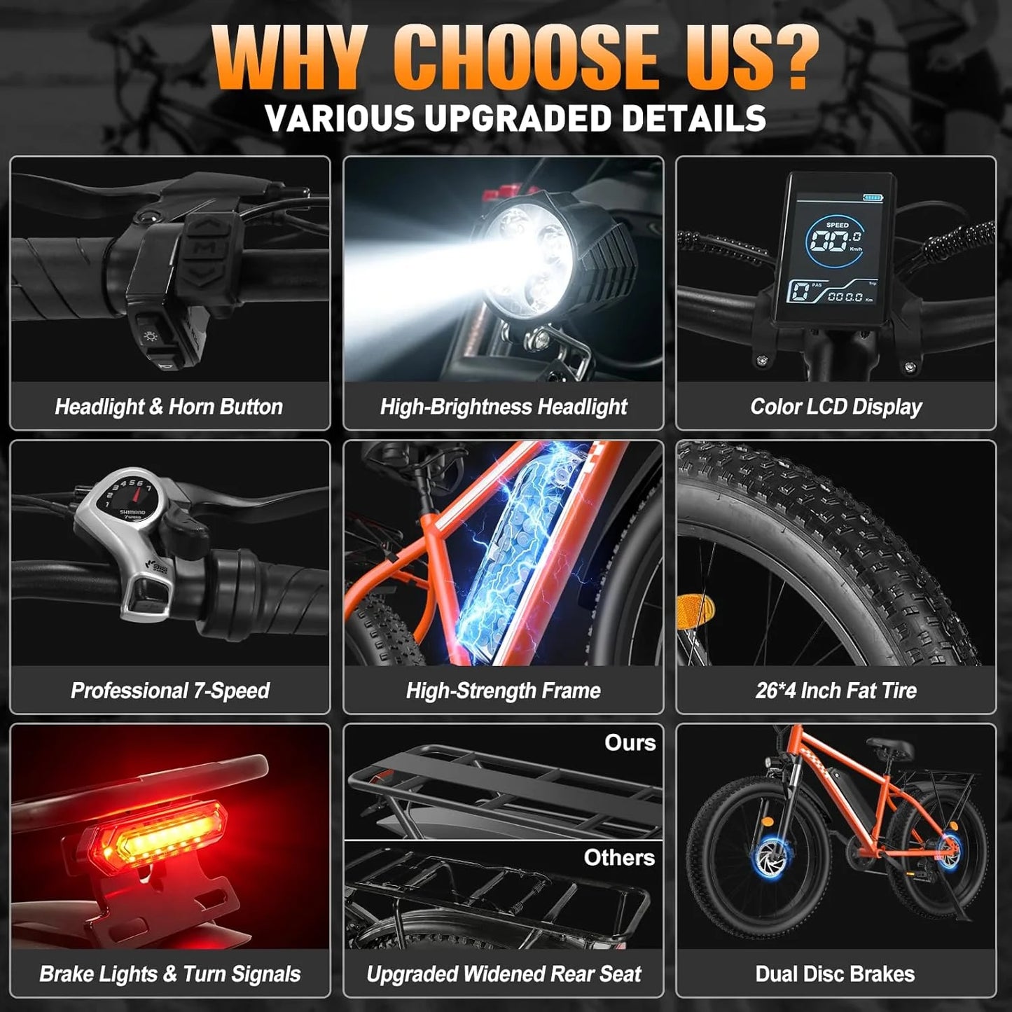 Orange Electric Bike 48V 15AH Battery 1500W Peak Motor 32MPH 26" Fat Tire Adults Mountain Off-Road Dirt Ebike