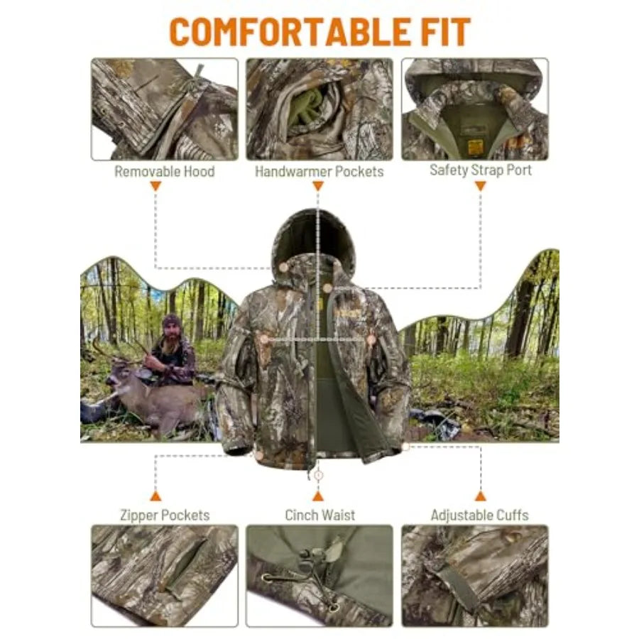 Camo Hunting Jackets for Men Warm Fleece Lined Hunting Jacket with Hood Quiet Water Resistant Hunting Clothes