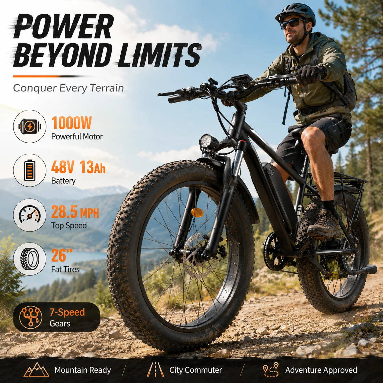 Adult Fat Tire Electric Bike 1000W Peak Motor 26 Inch 4.0" Wheel 48V 13Ah Battery 28.5MPH Top Speed 34.18 Miles Range 7 Speed All Terrain Ebike