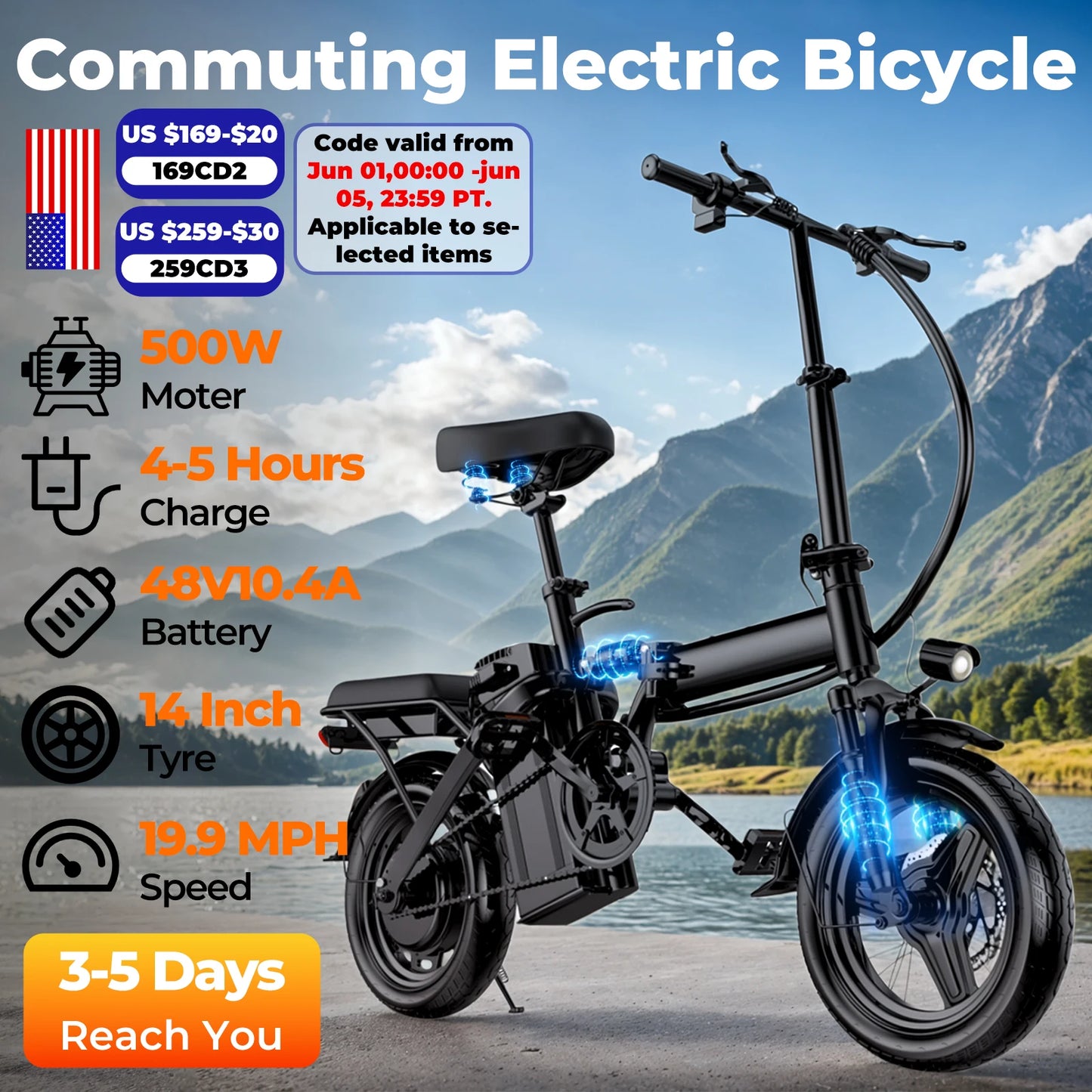 500W Adult Electric Bike, 20 MPH, 48V 10.4Ah Removable Battery, 14 Inch Folding Electric Bike, Multi-Shock Absorption