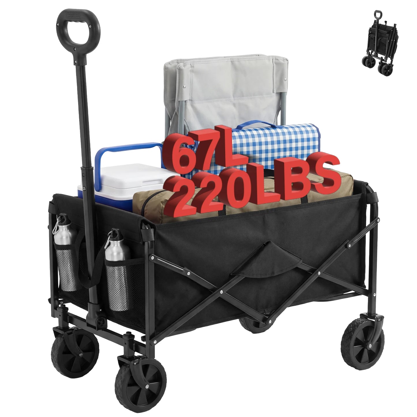 67L Heavy Duty Collapsible Wagon Cart Utility Folding Wagon with Wheels 220 lbs Weight CapacityFlexible Handle for Beach