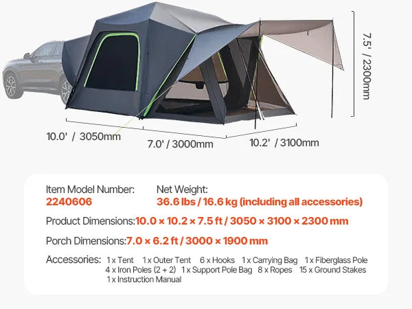 SUV Tent for Camping Waterproof PU2000mm Spacious Double Layer Design SUV Camping Tent with Shade Awning , Mesh Windows
