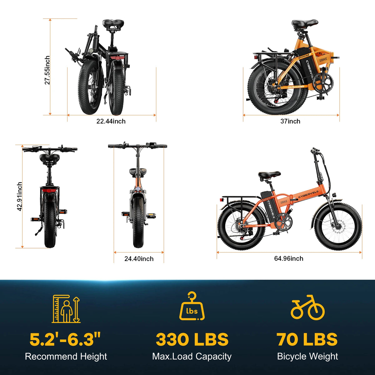 Cybervelo 20” Fat Tire Removable Battery E-Bike 1000W Peak 48V20.8ah 7-Speed Shift Electric Bike 28+MPH 80Miles Long Range EK4