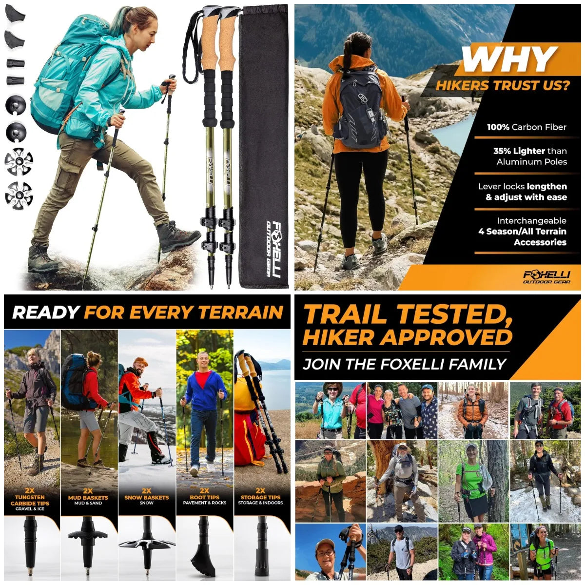 Carbon Fiber Trekking Poles – Lightweight Collapsible Hiking Poles with Cork Grips, Quick Flip Locks