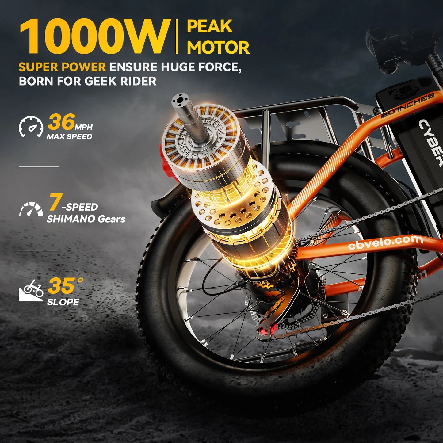 1000W Electric Bike for Adults  EK4 Folding 48V 20Ah 30+MPH 80Miles 20" Fat Tire 7-Speed Off Road E-bike