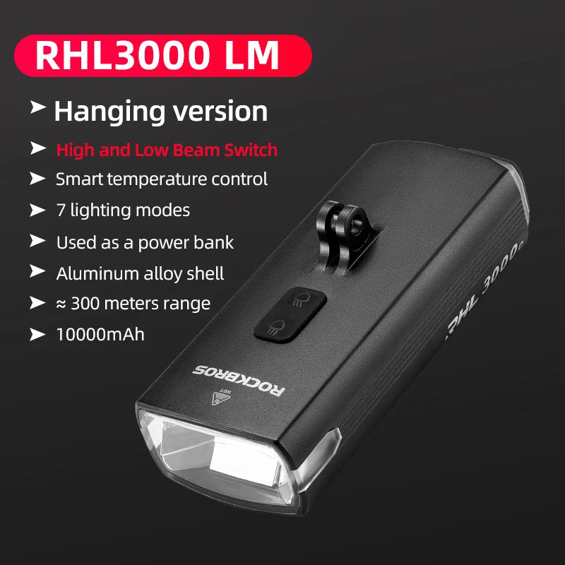 3000LM Bike Light 10000mAH Flashlight High-Low Beam Bicycle Front Light Powerbank Waterproof MTB Road Cycling Headlight