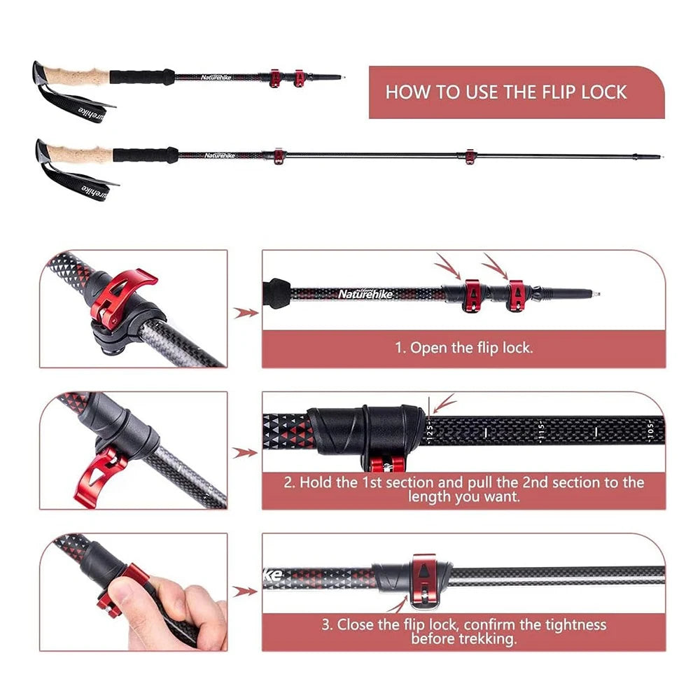 2PCS Trekking Poles Walking Sticks Lightweight Carbon Fiber Collapsible Telescopic Sticks Adjustment Lock Hiking Cane