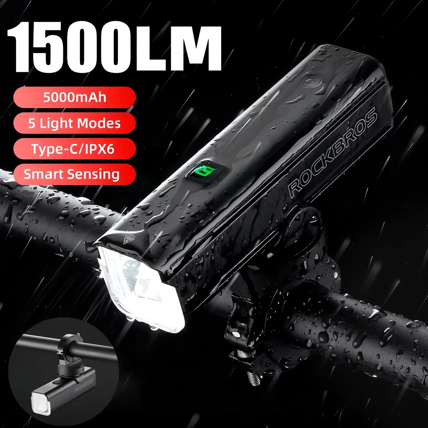 Bicycle Light 1500LM 5000mAh Type-C Charging Bike Light Smart IPX6 Aluminum Alloy Light Front Lamp Cycling Headlight