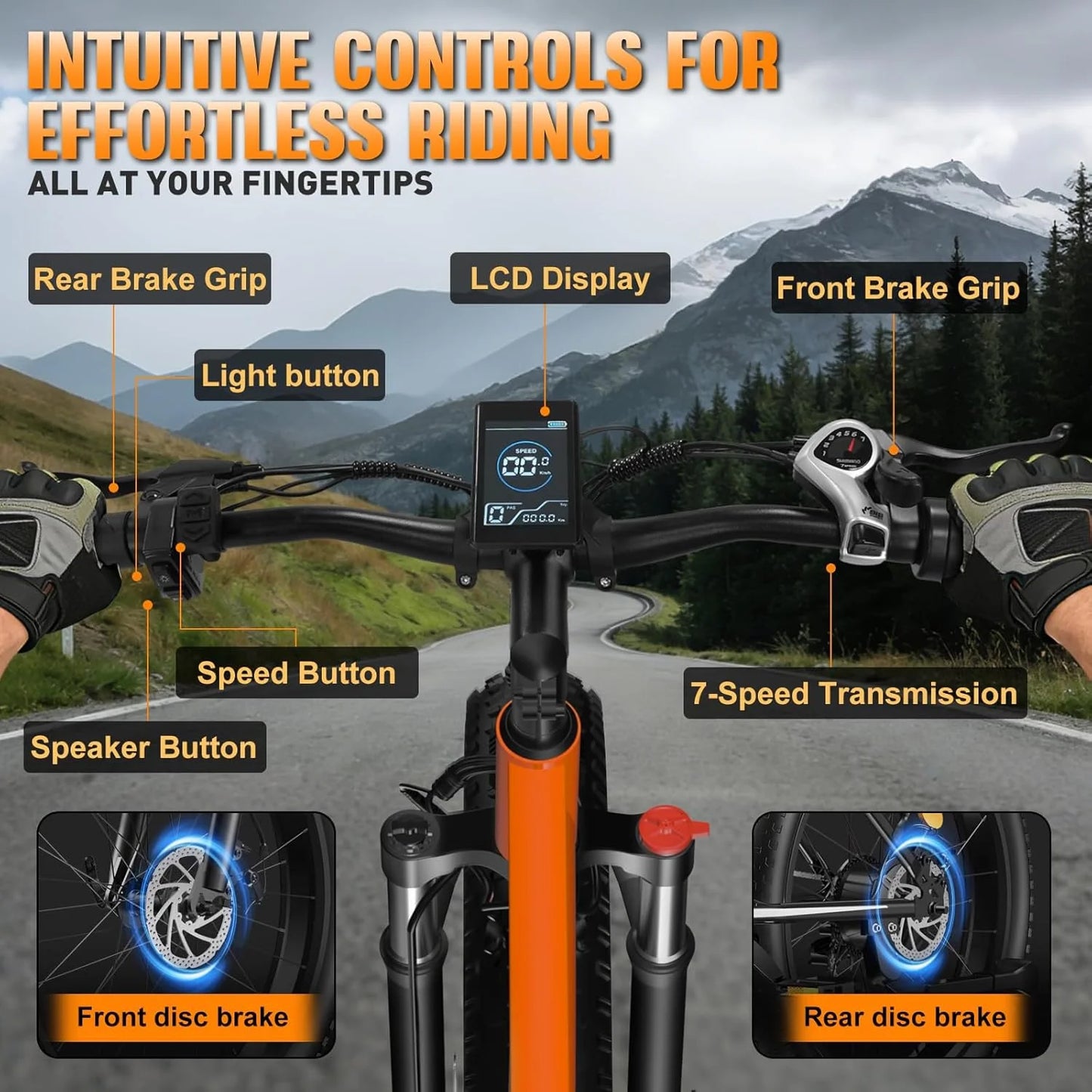 Orange Electric Bike 48V 15AH Battery 1500W Peak Motor 32MPH 26" Fat Tire Adults Mountain Off-Road Dirt Ebike