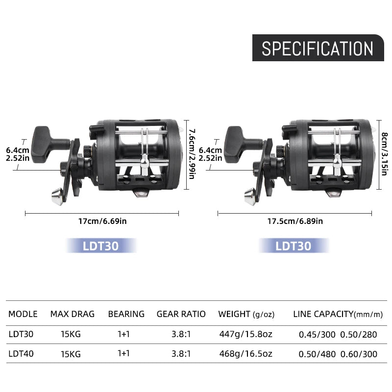 Trolling Drum Fishing Reels 33LB Max Drag 3.8:1 Gear Ratio High Toughness Body Freshwater & Saltwater Universal Bait Caster Fishing Reel