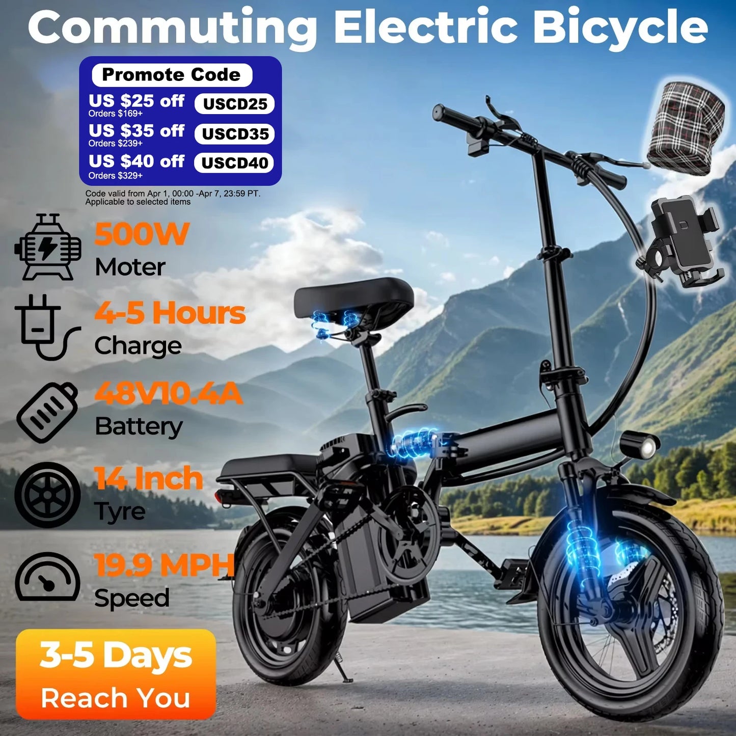 500W Adult Electric Bike, 20 MPH, 48V 10.4Ah Removable Battery, 14 Inch Folding Electric Bike, Multi-Shock Absorption