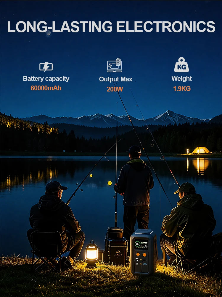 200W Power Station Camping 192Wh Lifepo4 Power Bank 60000mAh Portable Charger Battery Emergency Power USB TYPE-C Port