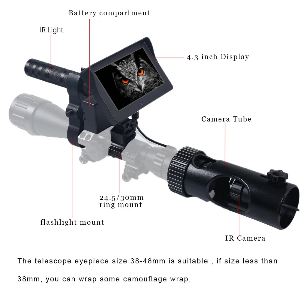 Digital Night Vision Riflescope 850nm Infrared Scope Camera HD 720P Video/Photo Recording with 4.3 inch Screen for Night Hunting