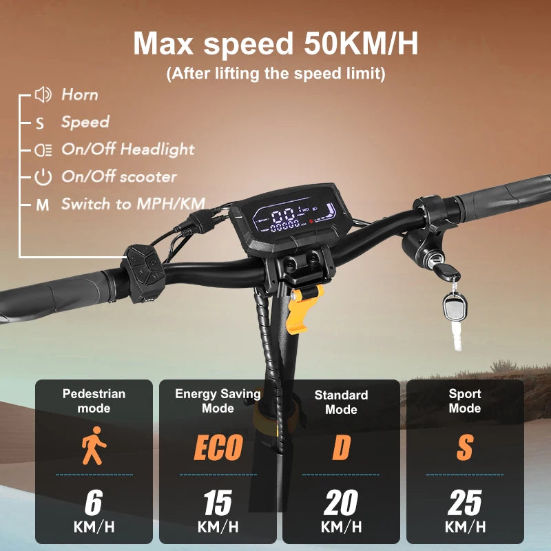 D3 Electric Scooter 52V 20.8Ah Battery 1200W Peak Motor Up to 31MPH High Speed 10 Inch Off‑Road Pneumatic Tires Foldable Design for Adults Portable Commuting E‑Scooter with Smart App Control Dual Suspension Long Range Urb