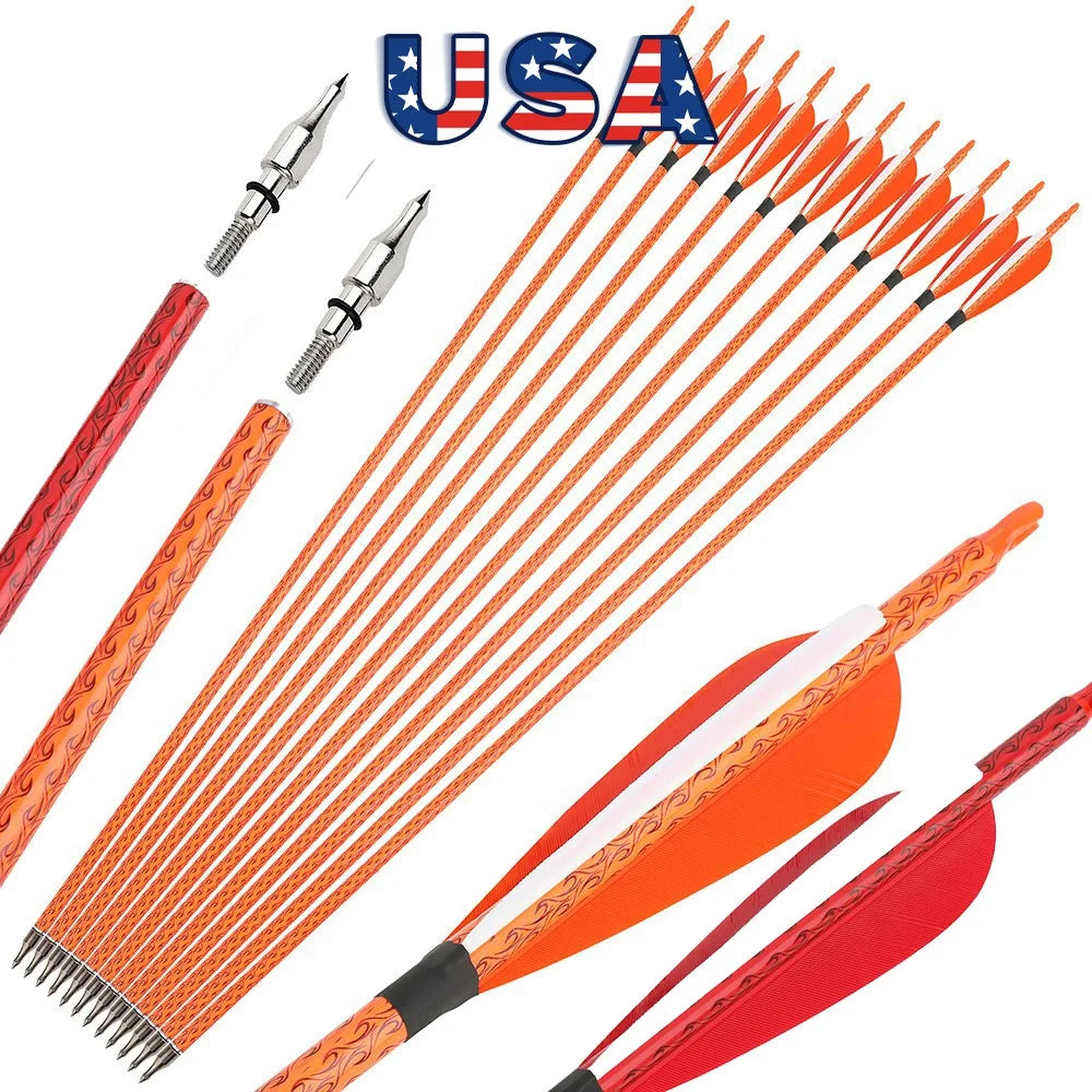 Mixed Carbon Arrows 12pcs 31.5" Spine 500 ID 6.2mm OD 7.8mm with 4" Turkey Feather and 100Grain Arrowheads for Compound Recurve Bow Hunting Shooting Target Practice Durable Archery Accessories