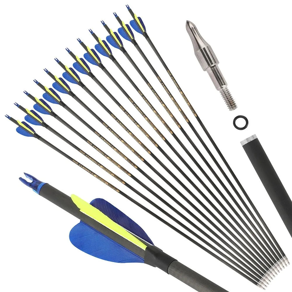 Carbon Arrows 32 Inch Spine 500/600 Pure Carbon Shaft with 2 Inch Feathers for Outdoor Hunting Shooting Compound Recurve Bow