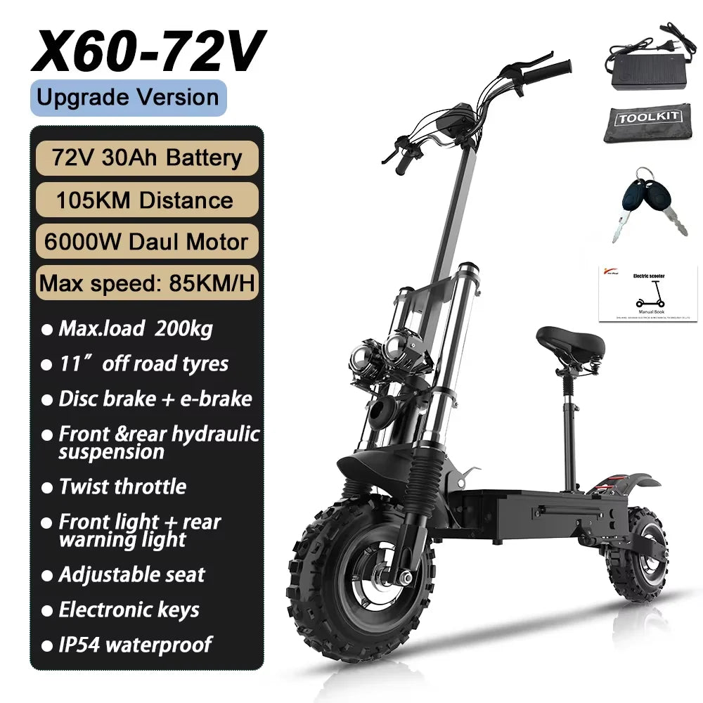 60-85KM/H Fast Electric Scooter for Adults, 1200W-6000W High Power E Scooter Single/Dual Motor, 48V 52V 60V 72V Long Range 40-100KM, 10Ah-30Ah Battery, 11 Inch Off Road Fat Tire All Terrain Electric Scooter with Dual Suspensi