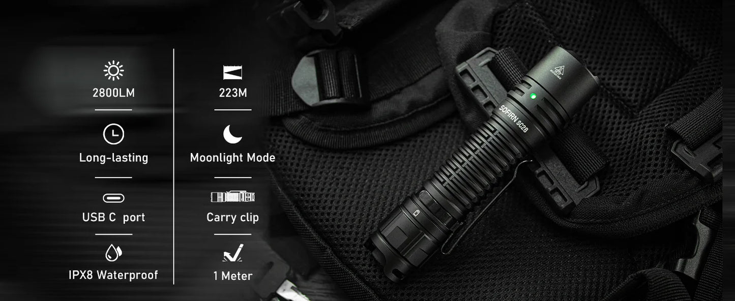 SC28 Powerful Light Tactical XHP50B HD Rechargeable Flashlight 2800 Lumens Lantern EDC Torch IPX8 for Hunting Fishing