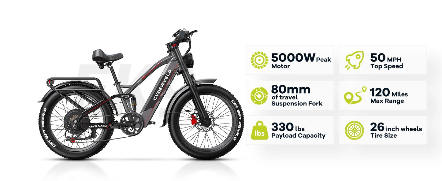 Strong Power Ebike, 5000W Motor Off Road Electric Bike, 100 Miles Long Range, 26"x4.0” Fat Tire, 60V 50Ah Big Battery EK9