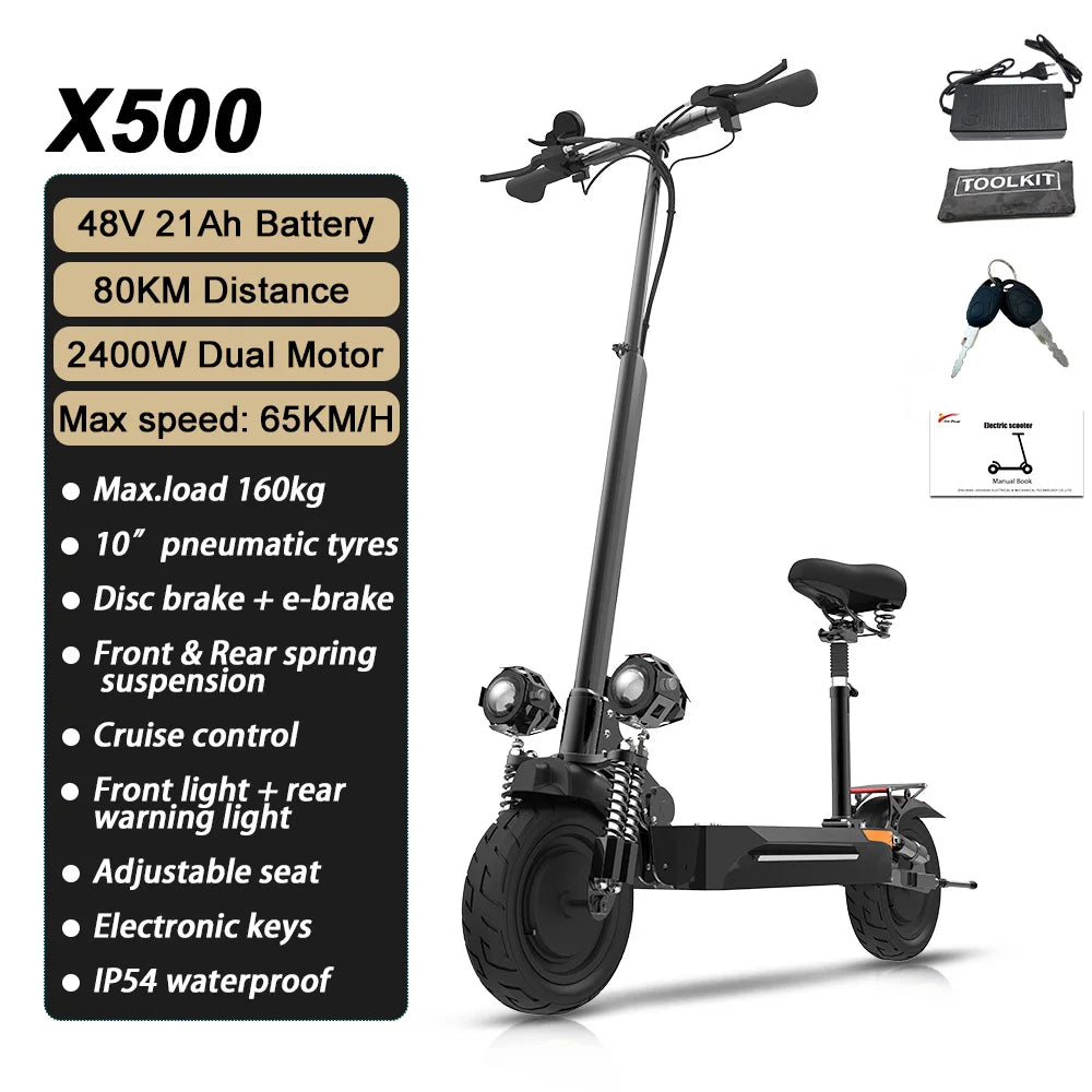 60-85KM/H Fast Electric Scooter for Adults, 1200W-6000W High Power E Scooter Single/Dual Motor, 48V 52V 60V 72V Long Range 40-100KM, 10Ah-30Ah Battery, 11 Inch Off Road Fat Tire All Terrain Electric Scooter with Dual Suspensi