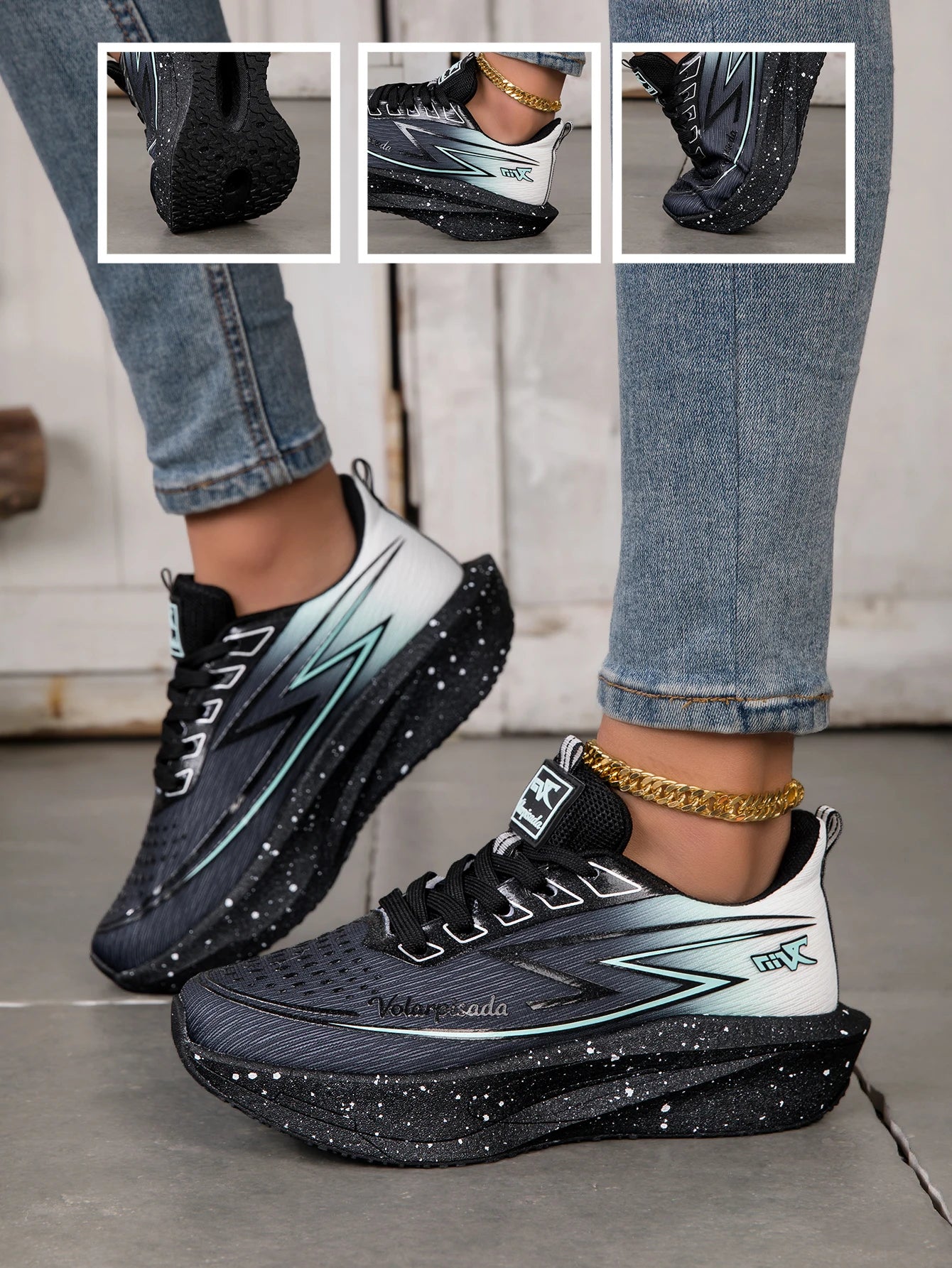 Women Gradient Lightning Print Running Sneakers Breathable Flying Weave Mesh Light Cushion Non Slip Shock Absorb Athletic Gym Jogging Sport Shoes