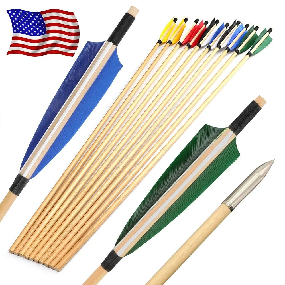 Hunting Arrows 12pcs 31.5inch Handmade Wooden Shaft with 5inch Natural Feathers for Outdoor Shooting Sports
