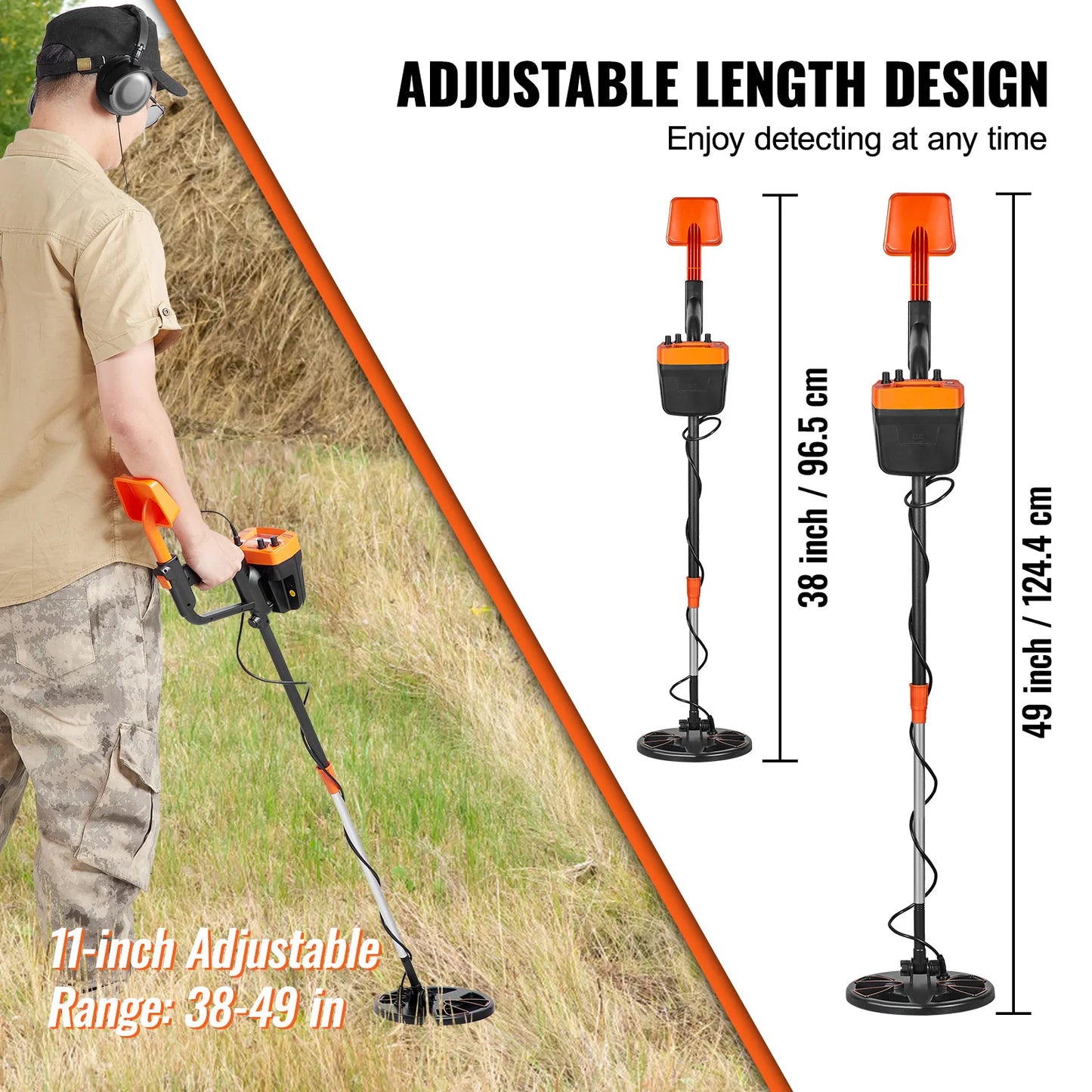 Metal Detector 8Inch Waterproof Search Coil & High Accuracy Pointer Display Adjustable 38''-49'' Aluminum Stem Detector