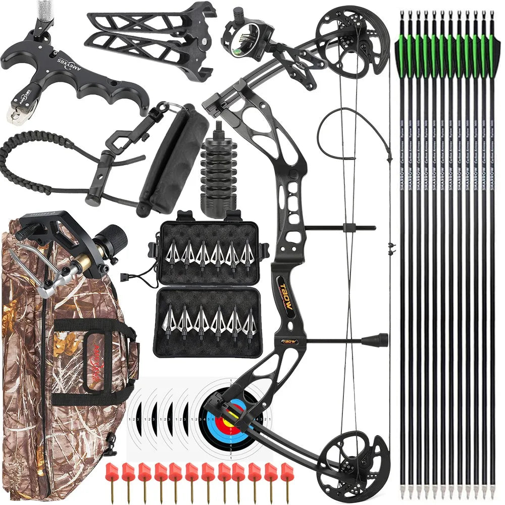 M133 Compound Bow 0-70lbs Adjustable with Carbon Arrows Release Sight for Hunting Shooting Outdoor Sports