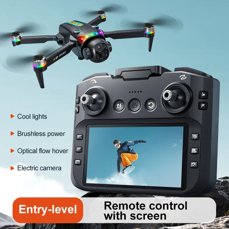 K21MAX Foldable Brushless Drone With Screen Remote EIS Dual Electric Camera Optical Flow Hover Colorful LED Light RC Quadcopter
