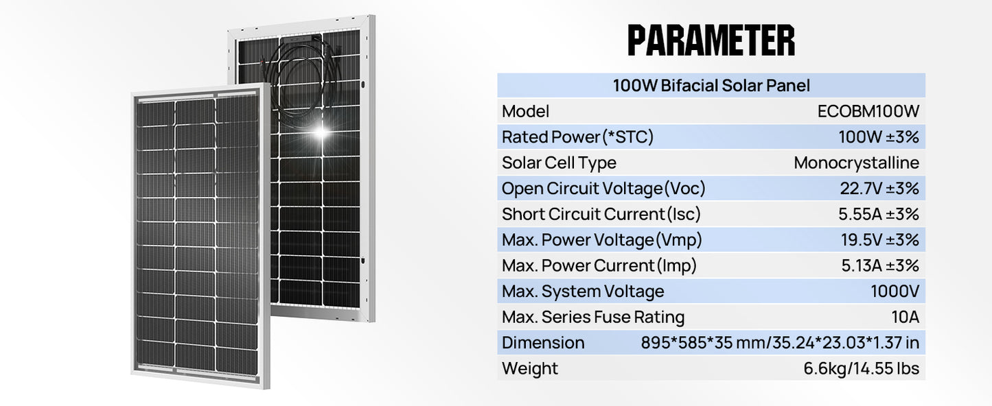 Bifacial 100 Watt 12 Volt Solar Panel Monocrystalline Rigid High-Efficiency PV Module Power Charger for Sunsheds,Rvs