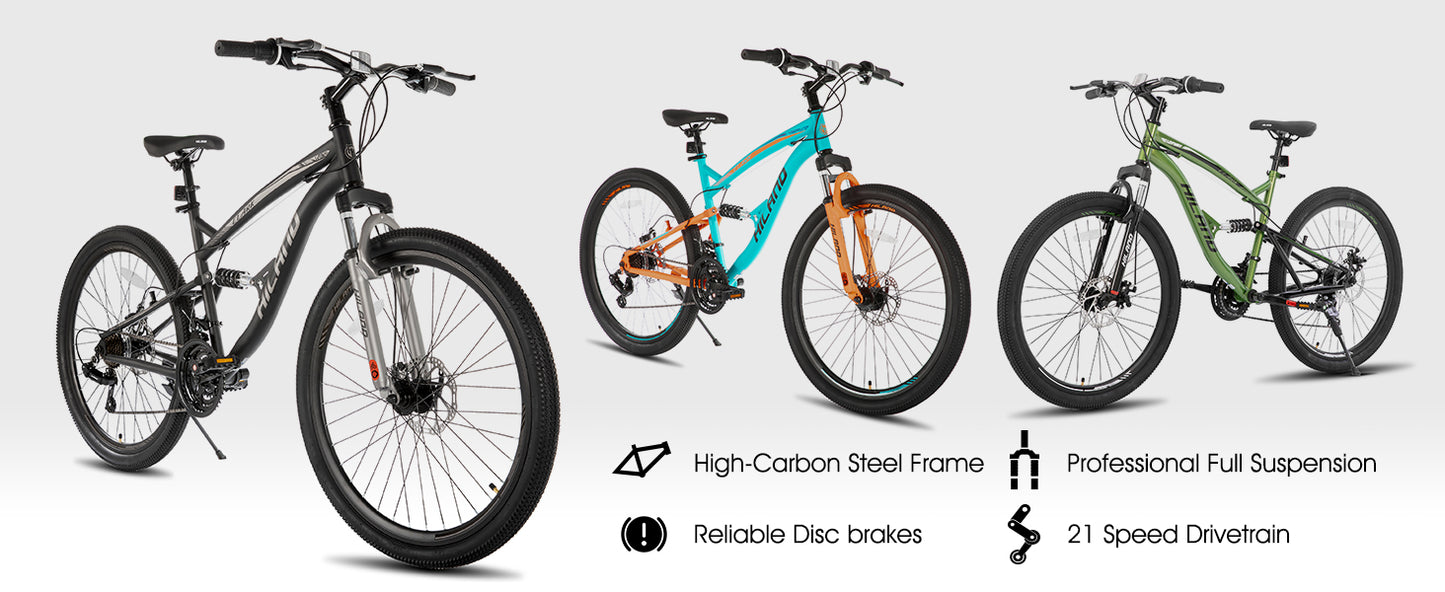 Full Suspension Mens Mountain Bike, 21 Speed, 26 Inch Wheel, Dual Disc Brake Bike for Men Womens Adult Bicycle