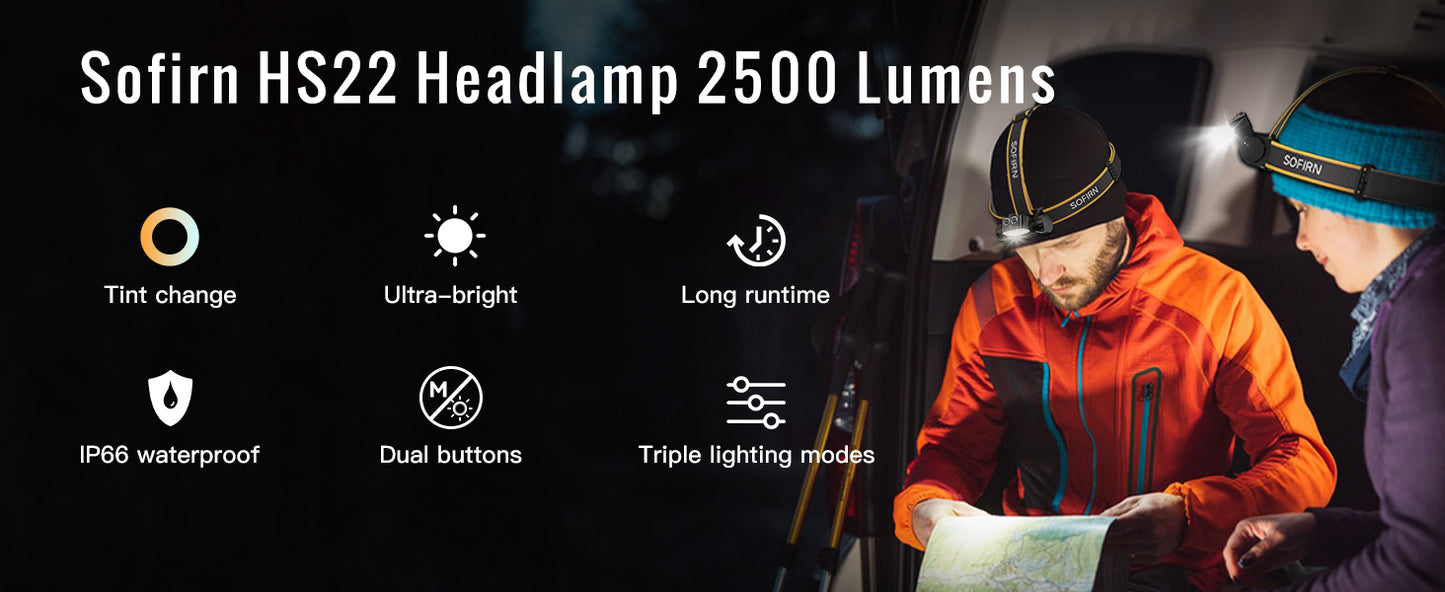 HS22 Headlight 2500lm Stepless Color Temperature Adjustment Ultra-Bright Headlamp 6000K Light with 2700K Warm Torch