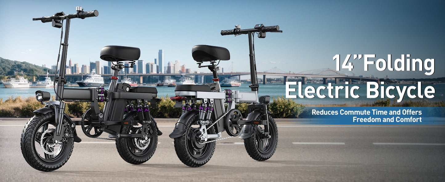 GE5 48V 15AH Battery EBike 30+MPH 250W Folding Electric Bike 30 Miles Max Range Electric Bike for Adults 14" Fat Tire