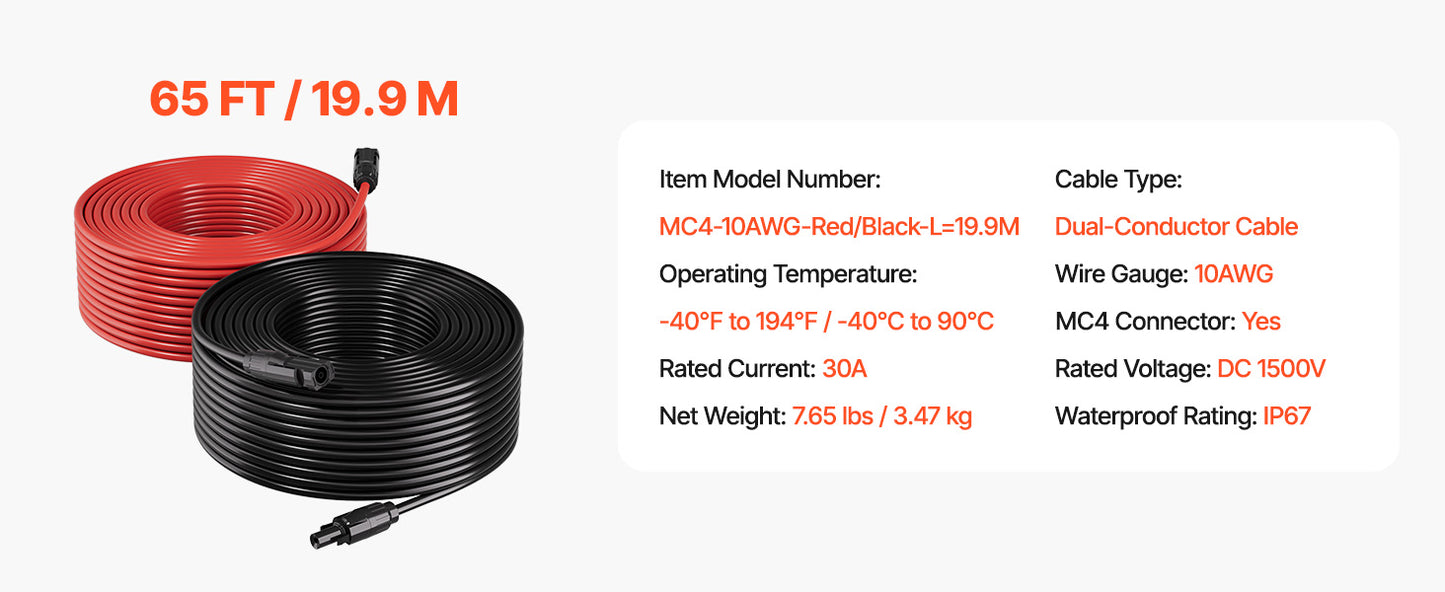 Solar Panel Wire 50 ft Black + 50 ft Red Kit / 65 ft Black + 65 ft Red Kit / 100 ft Black + 100 ft Red Kit PV Tinned Copper Wire for Outdoor Home Off-Grid Photovoltaic Systems Black and Red