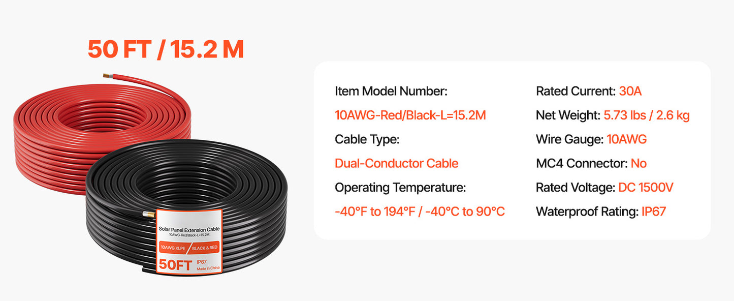 Solar Panel Wire 50 ft Black + 50 ft Red Kit / 65 ft Black + 65 ft Red Kit / 100 ft Black + 100 ft Red Kit PV Tinned Copper Wire for Outdoor Home Off-Grid Photovoltaic Systems Black and Red