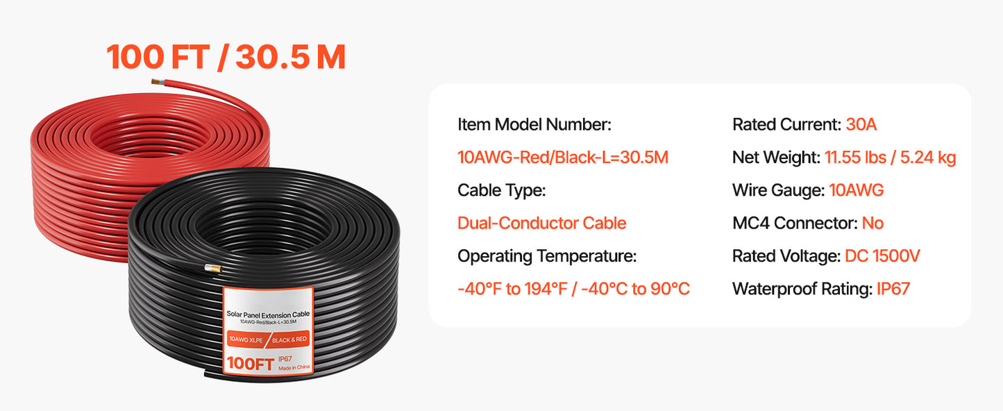 Solar Panel Wire 50 ft Black + 50 ft Red Kit / 65 ft Black + 65 ft Red Kit / 100 ft Black + 100 ft Red Kit PV Tinned Copper Wire for Outdoor Home Off-Grid Photovoltaic Systems Black and Red