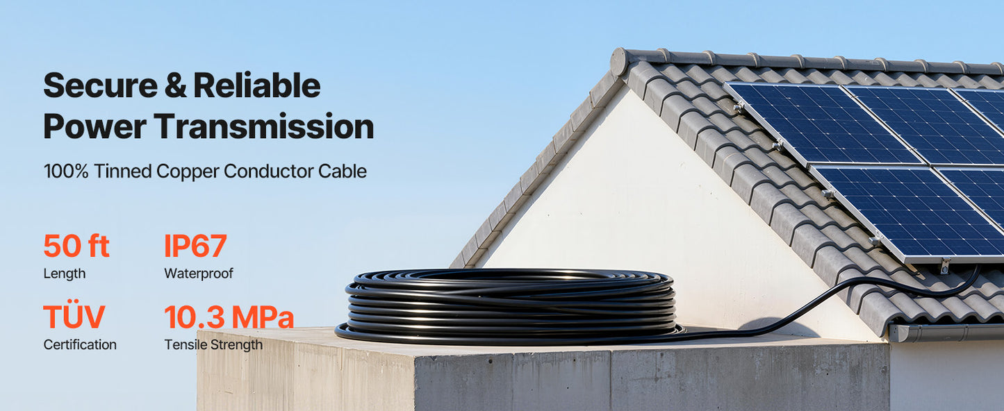 Solar Panel Wire 50 ft Black + 50 ft Red Kit / 65 ft Black + 65 ft Red Kit / 100 ft Black + 100 ft Red Kit PV Tinned Copper Wire for Outdoor Home Off-Grid Photovoltaic Systems Black and Red