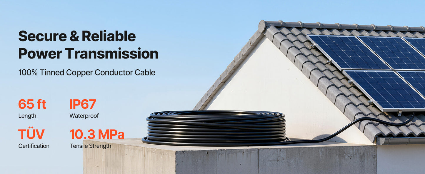 Solar Panel Wire 50 ft Black + 50 ft Red Kit / 65 ft Black + 65 ft Red Kit / 100 ft Black + 100 ft Red Kit PV Tinned Copper Wire for Outdoor Home Off-Grid Photovoltaic Systems Black and Red