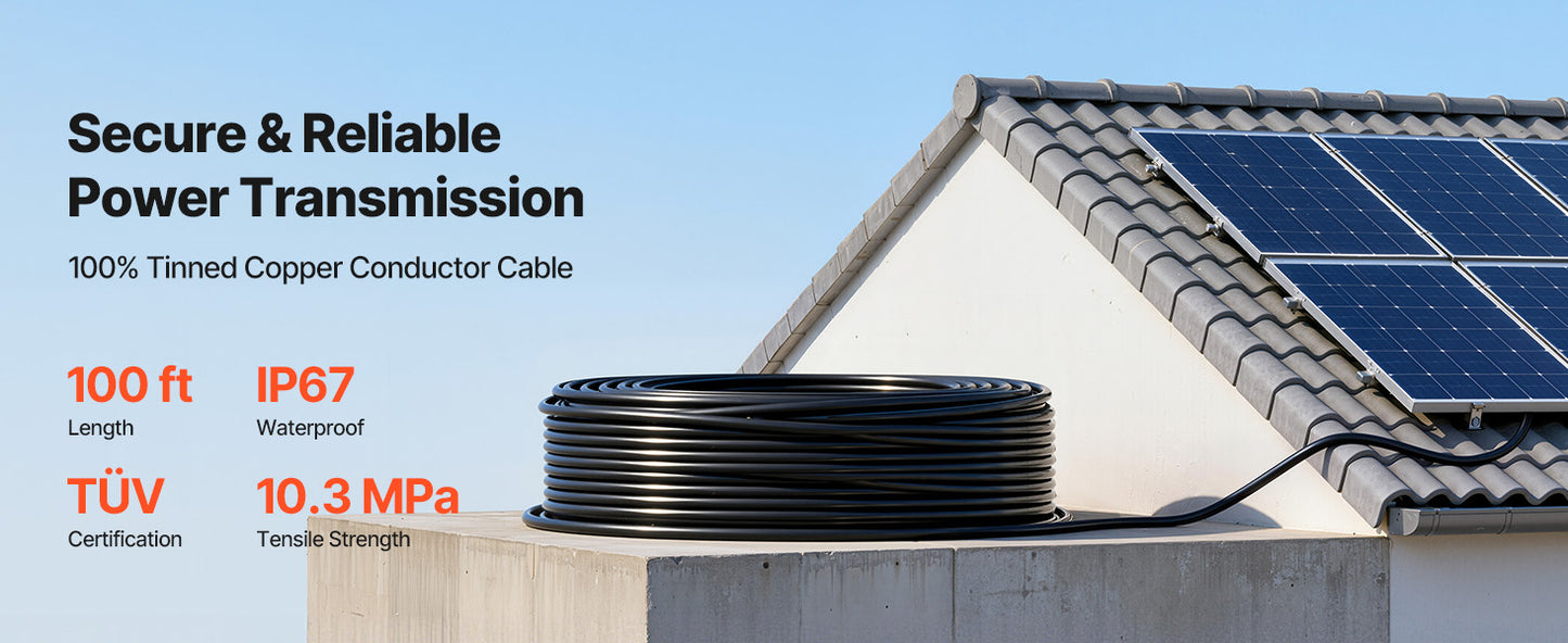 Solar Panel Wire 50 ft Black + 50 ft Red Kit / 65 ft Black + 65 ft Red Kit / 100 ft Black + 100 ft Red Kit PV Tinned Copper Wire for Outdoor Home Off-Grid Photovoltaic Systems Black and Red