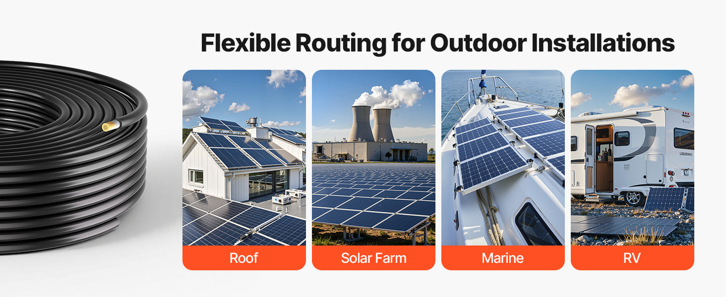 Solar Panel Wire 50 ft Black + 50 ft Red Kit / 65 ft Black + 65 ft Red Kit / 100 ft Black + 100 ft Red Kit PV Tinned Copper Wire for Outdoor Home Off-Grid Photovoltaic Systems Black and Red