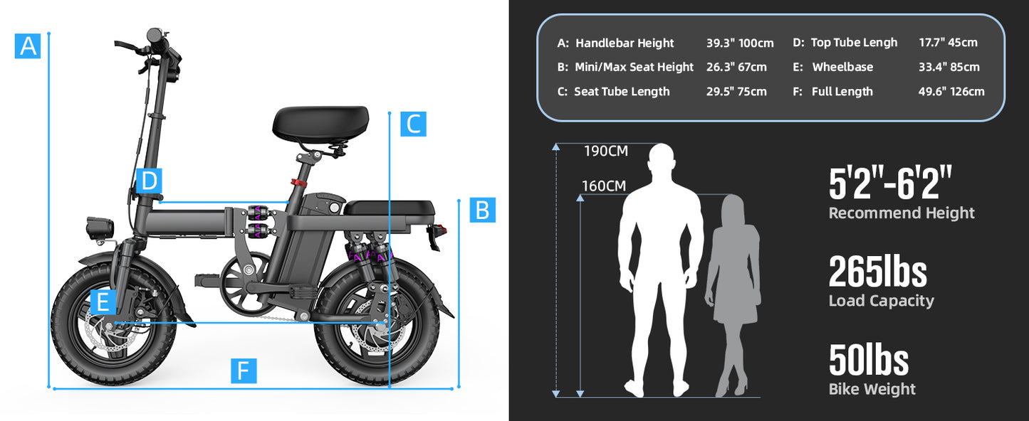 GE5 48V 15AH Battery EBike 30+MPH 250W Folding Electric Bike 30 Miles Max Range Electric Bike for Adults 14" Fat Tire