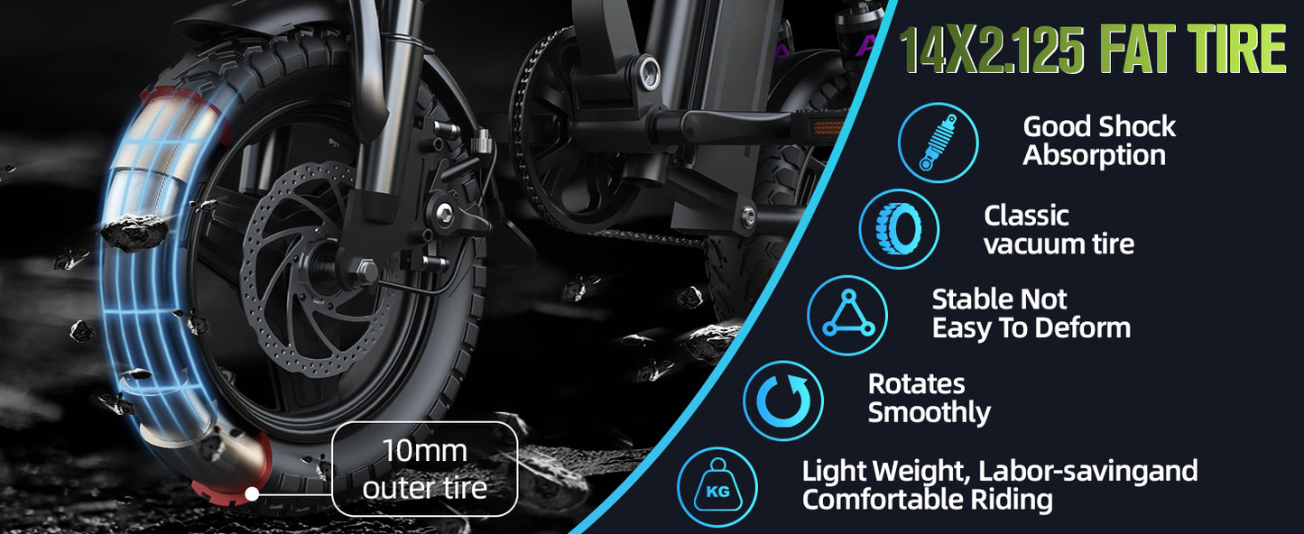GE5 48V 15AH Battery EBike 30+MPH 250W Folding Electric Bike 30 Miles Max Range Electric Bike for Adults 14" Fat Tire