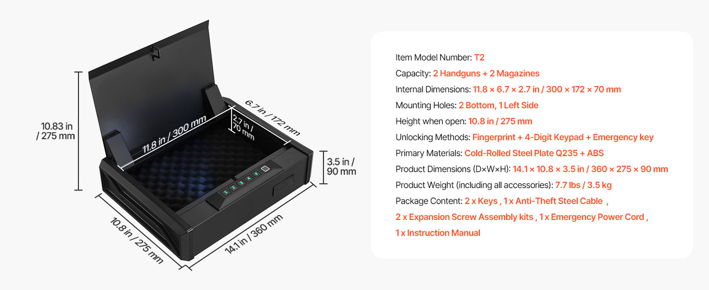 Gun Safe Slider Handgun Safe Fingerprint/Password/Key 3-Way Quick Access Case Box with LED for Nightstand Bedside Desk