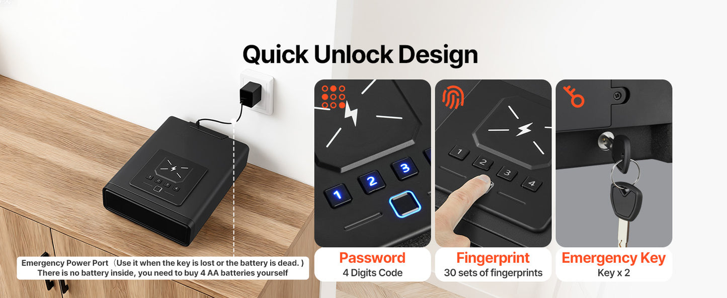 Gun Safe Slider Handgun Safe Fingerprint/Password/Key 3-Way Quick Access Case Box with LED for Nightstand Bedside Desk